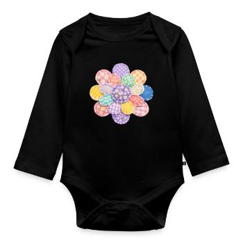 Bunte Blume Patchwork Kissen Vintage Design - Baby Bio-Langarm-Body - Schwarz - Vorne