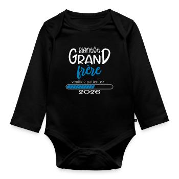 T-shirt Bientôt Grand Frère 2026 Loading - Body Bébé bio manches longues - noir - Devant