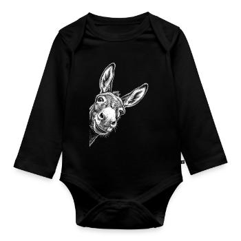 Funny peeking donkey - Organic Longsleeve Baby Bodysuit - black - Front