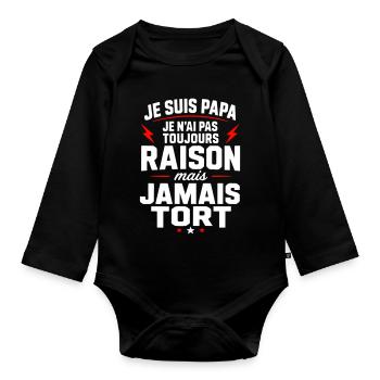 Je suis papa je n'ai jamais tort humour papa  - Body Bébé bio manches longues - noir - Devant