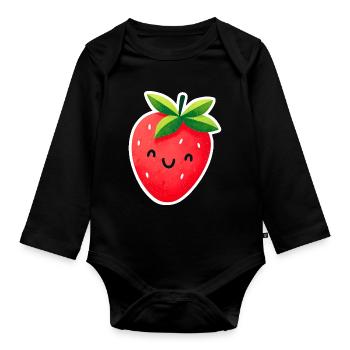 fraise mignonne souriante - Body Bébé bio manches longues - noir - Devant