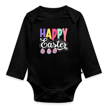 Joyeuse Pâques, douce chasse aux œufs du lapin, œufs de Pâques - Body Bébé bio manches longues - noir - Devant