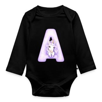 Lettre A Licorne Violette - Body Bébé bio manches longues - noir - Devant