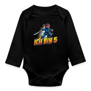 Kleiner Ninja Ich Bin 5 Fünfter Geburtstag - Baby Bio-Langarm-Body - Schwarz - Vorne