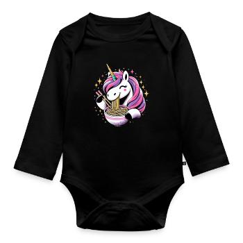 Glückliches Kawaii Einhorn isst Ramen Nudeln - Baby Bio-Langarm-Body - Schwarz - Vorne