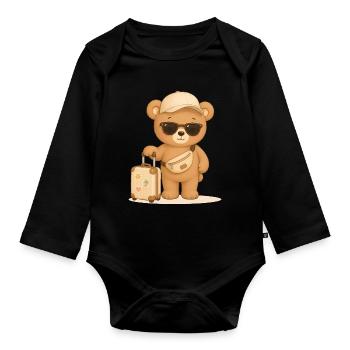 Bear Traveling, Vacation, Adventure, Animal Motif - Organic Longsleeve Baby Bodysuit - black - Front