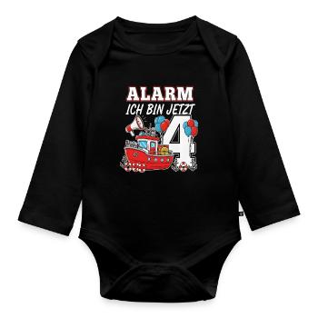 Alarm Ich Bin Jetzt 4 Feuerwehr Geburtstag - Baby Bio-Langarm-Body - Schwarz - Vorne