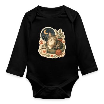Gemütliche Katze Kaffee Garn - Baby Bio-Langarm-Body - Schwarz - Vorne