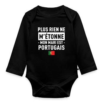 Plus Rien Ne M Etonne Mon Mari Est Portugais T-... - Body Bébé bio manches longues - noir - Devant
