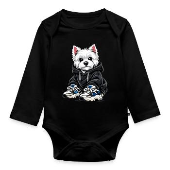 Westie cool en sweat à capuche et baskets oversize - Body Bébé bio manches longues - noir - Devant