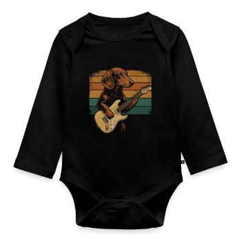 Dackel Hund mit E-Gitarre Retro-Look - Baby Bio-Langarm-Body - Schwarz - Vorne