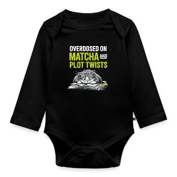 Cat Motif for Bookworms Matcha Gift - Organic Longsleeve Baby Bodysuit - black - Front