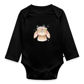 Hase mit Blumenkrone - Baby Bio-Langarm-Body - Schwarz - Vorne