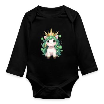Green Unicorn with Crown St Patrick's Day - Organic Longsleeve Baby Bodysuit - black - Front