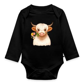 Highland Kuh mit Blumen im Mund im Frühlingslook - Baby Bio-Langarm-Body - Schwarz - Vorne