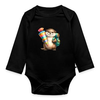 Cute otter with school cone for school enrollment - Organic Longsleeve Baby Bodysuit - black - Front