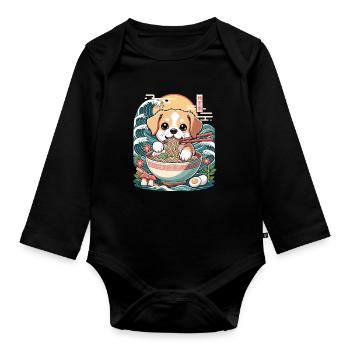 Cute Ramen Puppy In Bowl With Waves Japanese - Organic Longsleeve Baby Bodysuit - black - Front