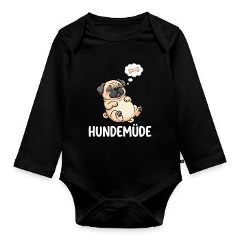 Hundemüde Traum-Pug Knochen - Baby Bio-Langarm-Body - Schwarz - Vorne