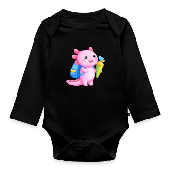 Kawaii Axolotl mit Schultüte – Zur Einschulung - Baby Bio-Langarm-Body - Schwarz - Vorne