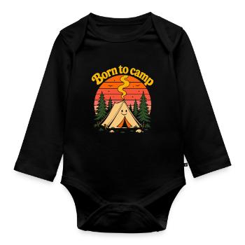 Born To Camp Retro 70s Sunset Cute Tent - Organic Longsleeve Baby Bodysuit - black - Front