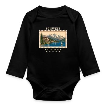 Schweiz St. Moritz Vintage Reisemarke - Baby Bio-Langarm-Body - Schwarz - Vorne