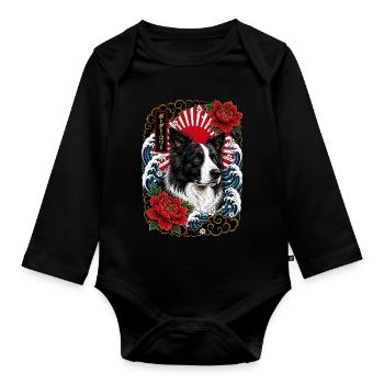 Border Collie im japanischen Irezumi Stil - Baby Bio-Langarm-Body - Schwarz - Vorne