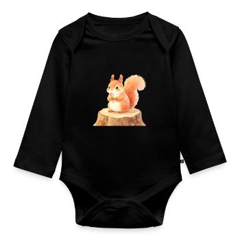 Un mignon écureuil dans la forêt printanière avec des fleurs - Body Bébé bio manches longues - noir - Devant