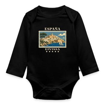 Spanien Eivissa Vintage Reisemarke - Baby Bio-Langarm-Body - Schwarz - Vorne