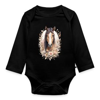 Brown horse with roses - Organic Longsleeve Baby Bodysuit - black - Front