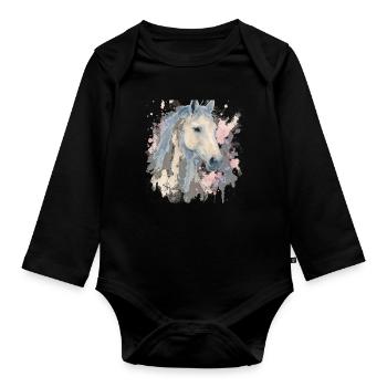 White Horse in Watercolor - Organic Longsleeve Baby Bodysuit - black - Front
