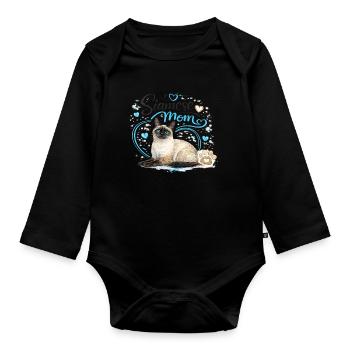 Siamese mom with blue heart paws - Organic Longsleeve Baby Bodysuit - black - Front