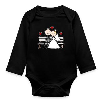 Wedding couple cartoon on the bench - Organic Longsleeve Baby Bodysuit - black - Front