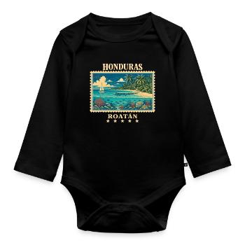 Honduras Roatán Vintage Reisemarke - Baby Bio-Langarm-Body - Schwarz - Vorne
