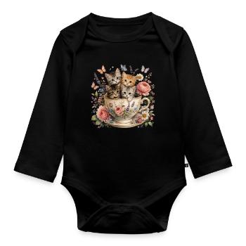 Kätzchen in einer Tasse Tee Vintage-Blumen - Baby Bio-Langarm-Body - Schwarz - Vorne