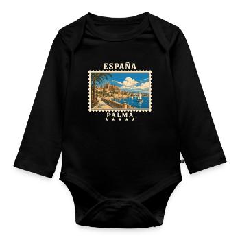 Spanien Palma de Mallorca Vintage Reisemarke - Baby Bio-Langarm-Body - Schwarz - Vorne