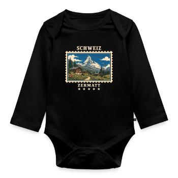Schweiz Zermatt Vintage Reisemarke - Baby Bio-Langarm-Body - Schwarz - Vorne