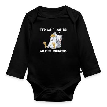 Schlafende Taube – Wille war da, lustige Sprüche - Baby Bio-Langarm-Body - Schwarz - Vorne