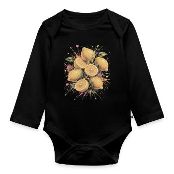 Zitronengelbe Zitrus-Mehrfarbige Spritzkunst - Baby Bio-Langarm-Body - Schwarz - Vorne