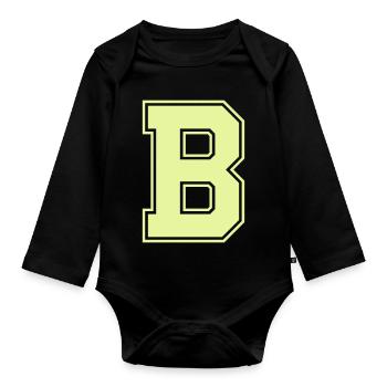 Varsity-style glowing B - Organic Longsleeve Baby Bodysuit - black - Front