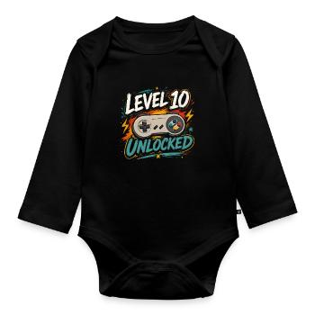 Level 10 freigeschaltetes 10-Jahres-Jubiläums-D-Geschenk - Baby Bio-Langarm-Body - Schwarz - Vorne