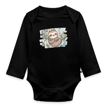 Niedliches Faultier auf Ast mit Blumen - Baby Bio-Langarm-Body - Schwarz - Vorne