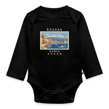 Griechenland Chania Vintage Reisemarke - Baby Bio-Langarm-Body - Schwarz - Vorne