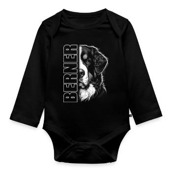 Berner Sennenhund Porträt mit Schriftzug - Baby Bio-Langarm-Body - Schwarz - Vorne