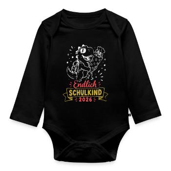Endlich Schulkind 2026 Dino - Baby Bio-Langarm-Body - Schwarz - Vorne