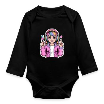 Kawaii girl with headphones - Organic Longsleeve Baby Bodysuit - black - Front