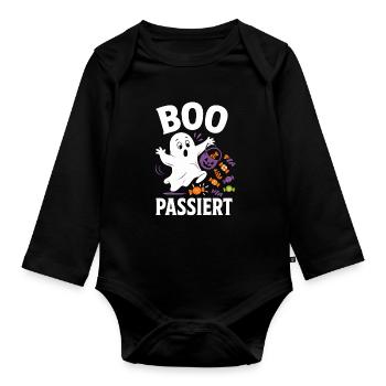 Boo passiert – Halloween-Geist mit Bonbons - Baby Bio-Langarm-Body - Schwarz - Vorne