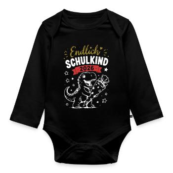 Endlich Schulkind 2026 Dino - Baby Bio-Langarm-Body - Schwarz - Vorne
