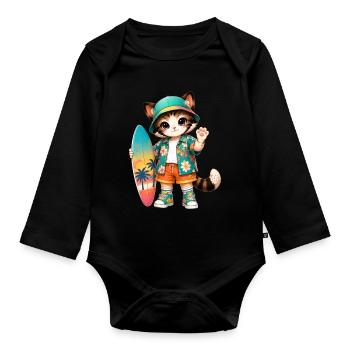 Kawaii tropische Surferkatze - Baby Bio-Langarm-Body - Schwarz - Vorne