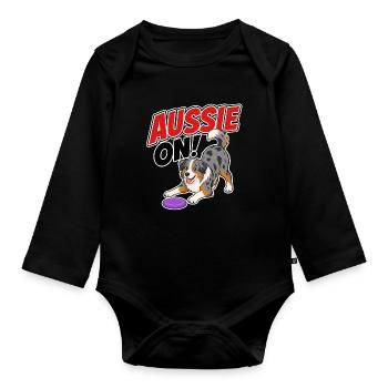 Aussie On! Verspielter Frisb-Hund - Baby Bio-Langarm-Body - Schwarz - Vorne