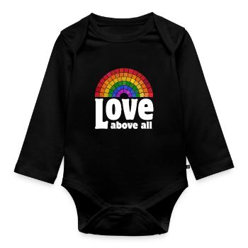 Love Above All | Regenbogen Pride Design - Baby Bio-Langarm-Body - Schwarz - Vorne